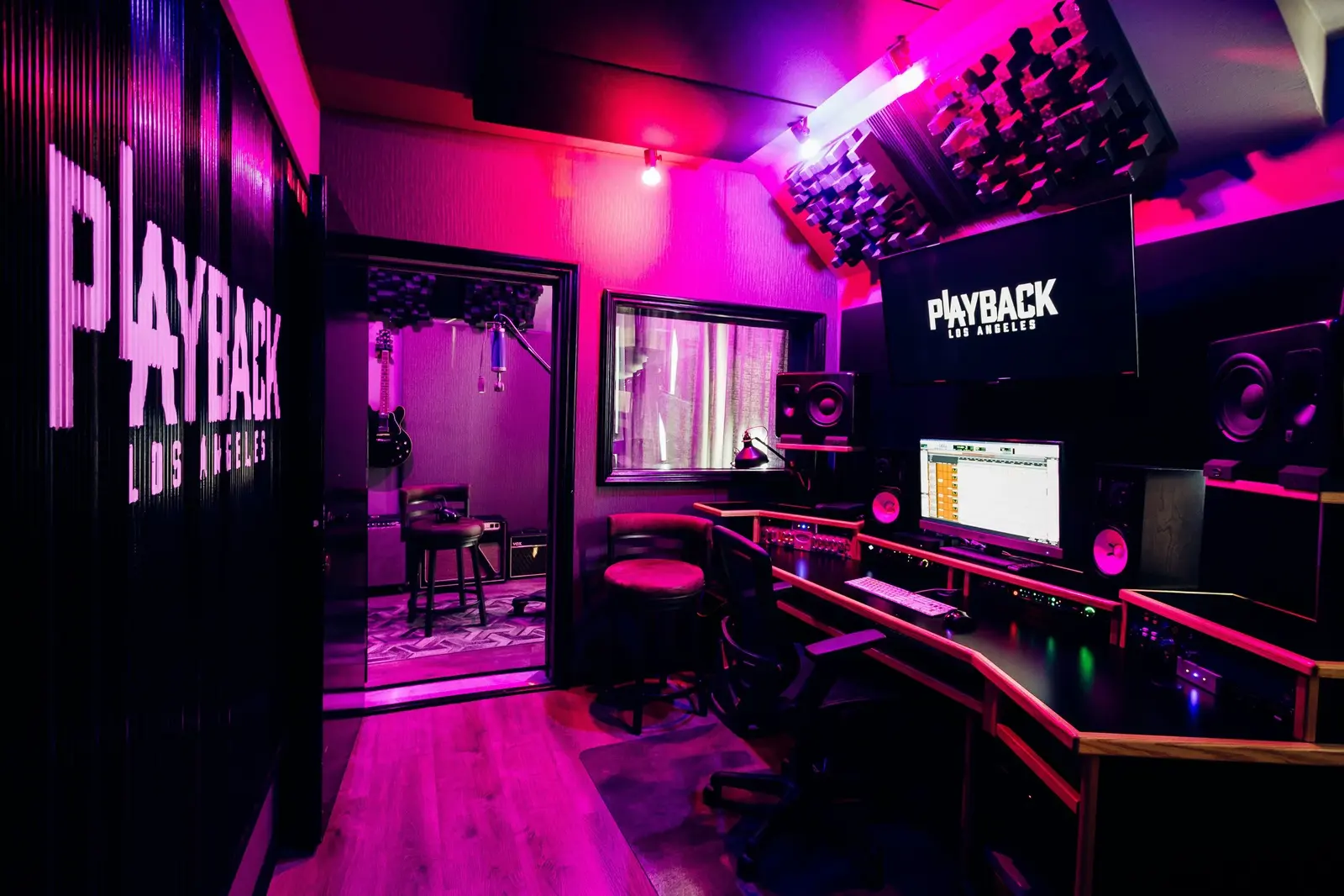 Studio B control room and recording space